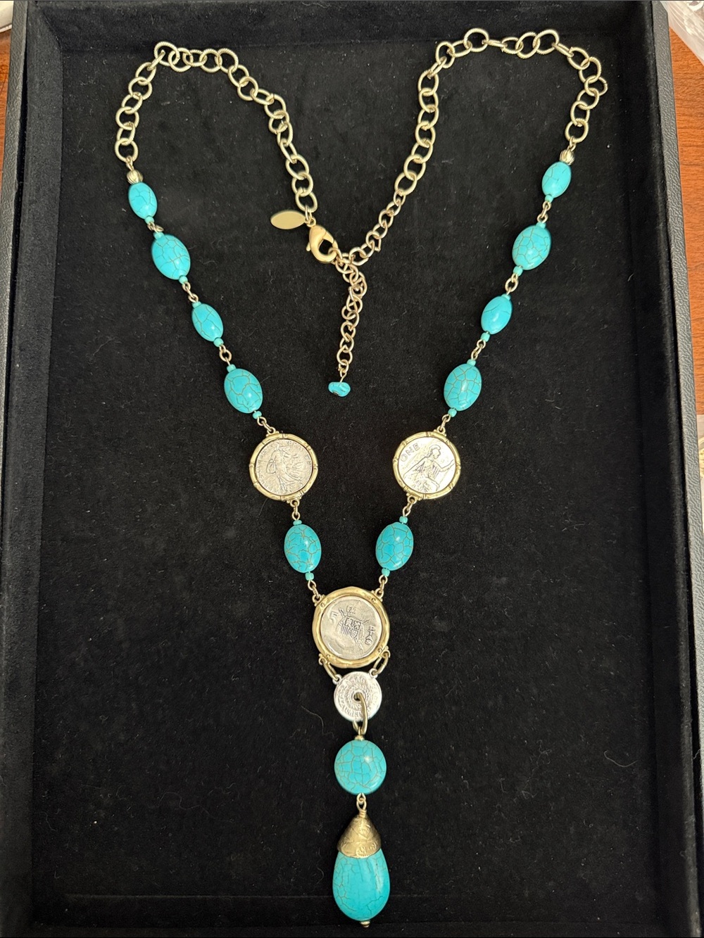Chico's Isabella Turquoise Howlite and Roman Coin Y-Drop Necklace